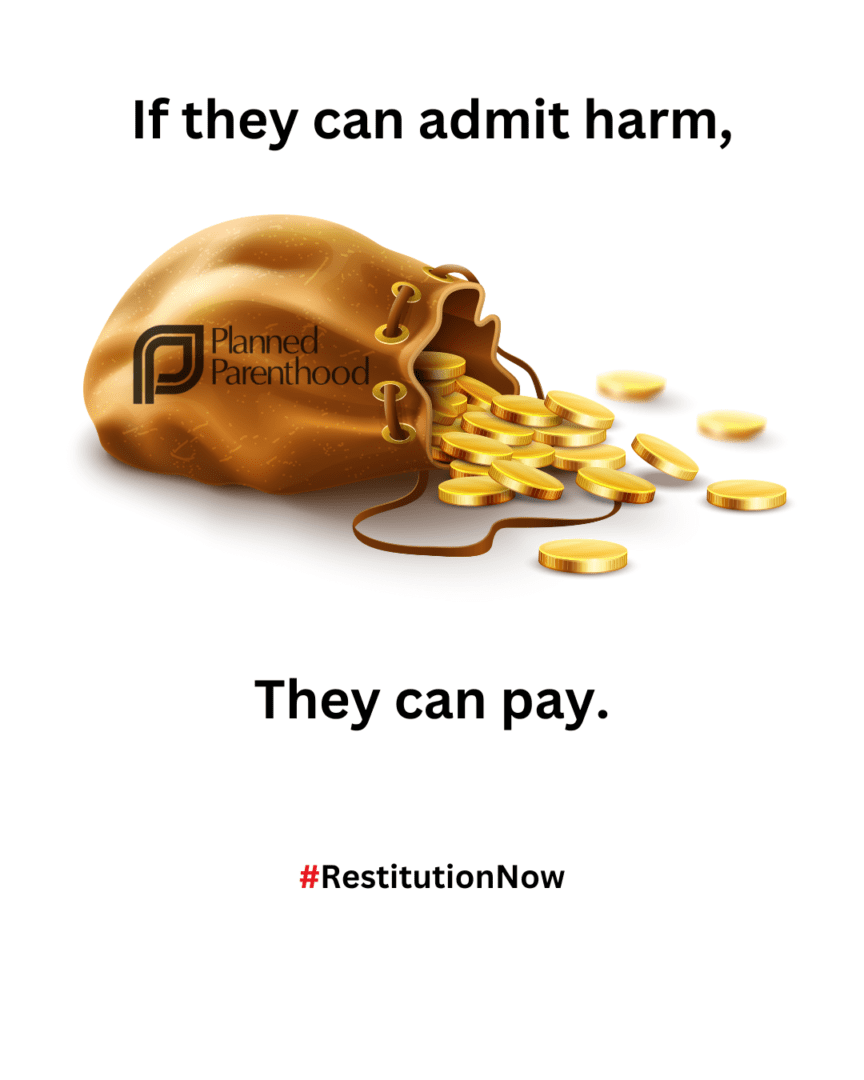 A bag of gold coins is shown with the words " restitution now ".